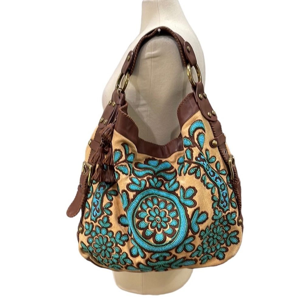 VINTAGE Isabella Fiore Oh Suzani Carina Turquoise Beaded Large Shoulder bag